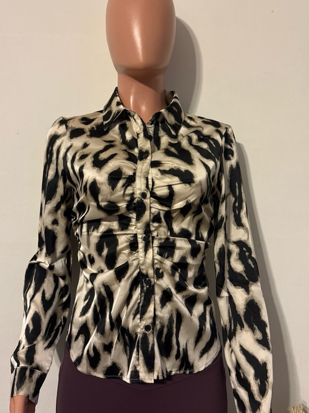 Fashion Nova Black and Cream Animal-Print Satin Button Down Shirt